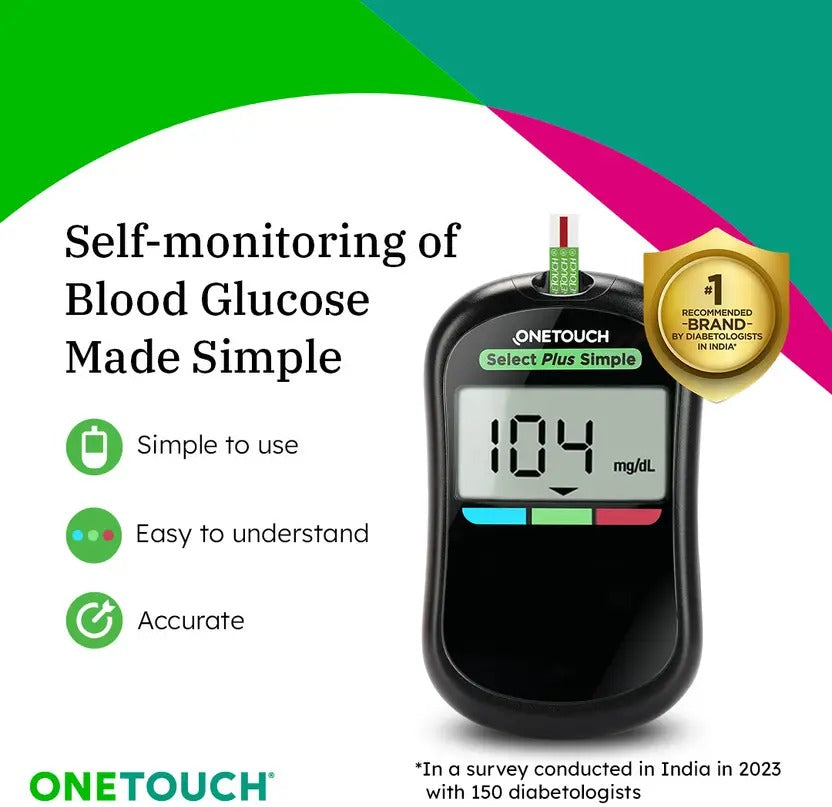 OneTouch Select Plus Simple Glucometer (FREE 50 strips + lancing device + 50 lancets) Glucometer (Black)